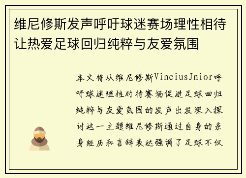 维尼修斯发声呼吁球迷赛场理性相待让热爱足球回归纯粹与友爱氛围
