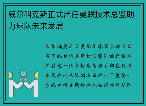 威尔科克斯正式出任曼联技术总监助力球队未来发展 威尔科克斯正式出任曼联技术总监助力球队未来发展